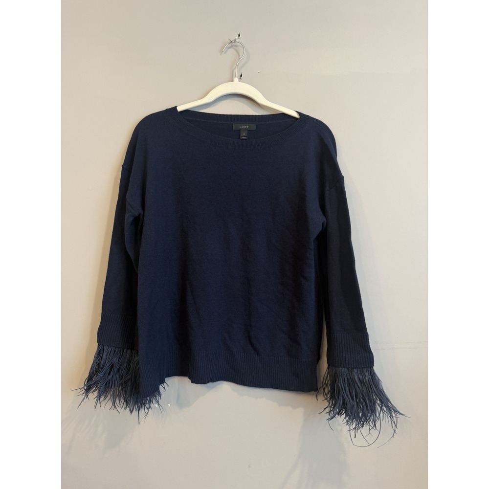 J. Crew Wool Blend Boat Neck Sweater - Navy Blue Ostrich Feather Cuffs - M